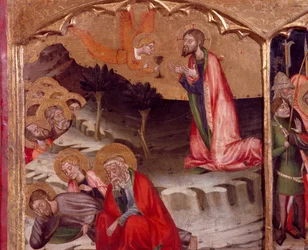Christus in de Hof van Olijven, een engel houdt de Communie, door de Meester van Rubio, predella van het altaarstuk uit de Kerk van Santa Maria, Rubio