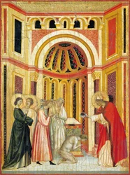 Bisschop Urban doopt Tiburcio, detail van altaarstuk van Legende van Sint Cecilia, circa 1304, door Meester van Sint Cecilia (actief begin 14e eeuw), tempera op paneel en bladgoud gestempeld, 85x181 cm