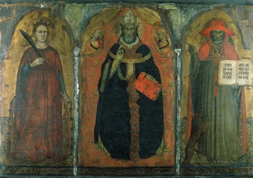 De heilige Gregorius de Grote met de heiligen Catharina en Hiëronymus (tempera op paneel)