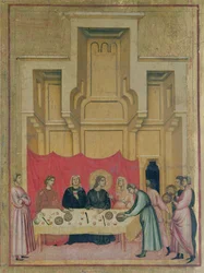 St. Cecilia en Scènes Uit Haar Leven; detail van het linkerbovenpaneel met St. Cecilia aan tafel, ca. 1300 (detail)