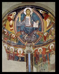 Christus in Majesteit geflankeerd door serafijnen en symbolen van de evangelisten, apsisfresco uit San Climente in Taull (Tahull) Catalonië, c.1123