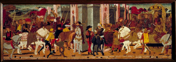 Triomfantelijke intocht van de Romeinse keizer Vespasianus (9-79) en zijn zoon Titus in Rome