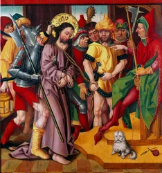 Jezus voor Herodes Antipas. Paneel van het passiealtaarstuk van de Meester van de Anjer van Baden (15e eeuw), Dijon, Museum voor Schone Kunsten
