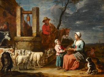 Boerenfamilie bij een waterput