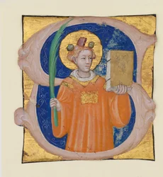 Manuscriptverlichting met Sint Stefanus in een Initiaal S, uit een Antifonarium, ca. 1410-20