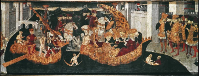 Decameron van Boccaccio: de kasteelheer Pericone verwelkomt Alatiel, dochter van de sultan van Babylon Beminedab en haar gevolg op het eiland Mallorca