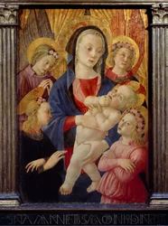 De maagd en het kind omringd door vier engelen