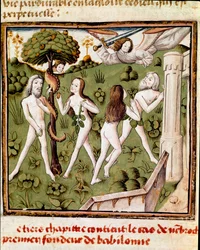 Adam en Eva plukken de verboden vrucht. Miniatuur van de Meester van de Kampioen van Dames (15e eeuw) uit het manuscript 