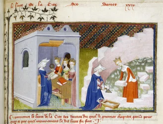Harley 4431, f.290, Detail van een miniatuur van Christine voor de personificaties van Rede, Rechtvaardigheid en Gerechtigheid en Christine met Rede die de Cité des Dames bouwt