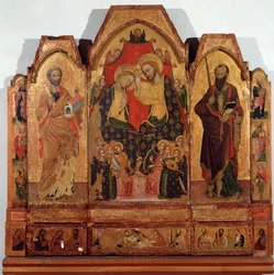 Drieluik van de kroning van de maagd met de heiligen Petrus en Paulus