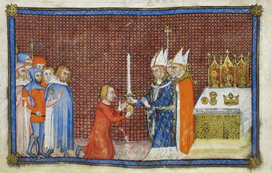 Cotton Tiberius B. VIII f. 49v De aartsbisschop van Reims geeft het zwaard terug aan de koning, illustratie uit Het kroningsboek van Karel V, koning van Frankrijk