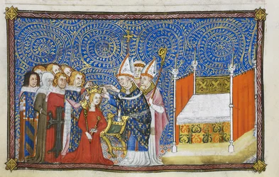 De Aartsbisschop van Reims plaatst de kroon op het hoofd van de koningin en de baronnen ondersteunen haar kroon (illustratie uit 