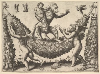Een aap die een gebonden putto vasthoudt, staand op een guirlande