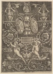 Een paneel van ornament, putti staand op cornucopia in onderste gedeelte, 1530-60