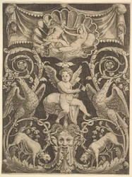Een paneel met ornamenten met een putto in het midden die een windmolen vasthoudt, 1532