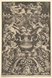Een paneel van ornament met putti, geit en andere figuren