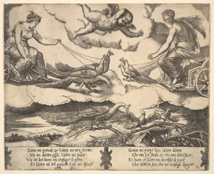 Allegorie van het huwelijk en de liefde, Juno in een wagen getrokken door pauwen links, Venus in een ..., 1530-60