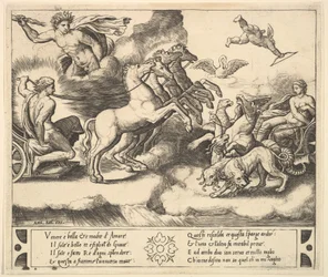 Apollo in zijn door paarden getrokken wagen links, boven hem Jupiter die een donderbui werpt, 1530-60