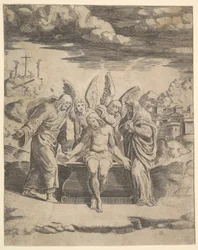 Christus zittend op het graf ondersteund door engelen, 1530-60