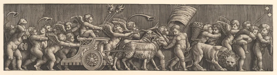 Fries arrangement dat de triomf van de liefde uitbeeldt, Cupido in een wagen getrokken door geiten, man, 1530-60