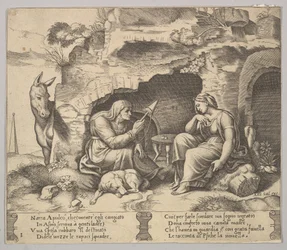 Blad 1: Apuleius veranderd in een ezel die luistert naar het verhaal verteld door de oude vrouw, 1520-70