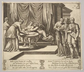 Psyche zittend aan een tafel en bediend door onzichtbare dienaren, Eros naast haar