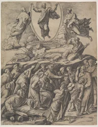 De Transfiguratie van Christus die boven in het midden verschijnt, onder hem verschillende figuren, 1530-60