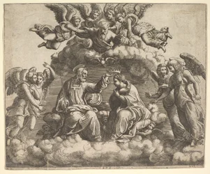 De kroning van de Maagd, Christus houdt de kroon boven haar hoofd, God de Vader zegent..., 1532.