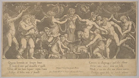Het offer aan Priapus die in de vorm van een standbeeld in het midden staat, Bacchus en een sa..., 1530-60