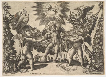 Twee putti presenteren bekers vol goud aan een putto in de gedaante van de god van de rijkdom