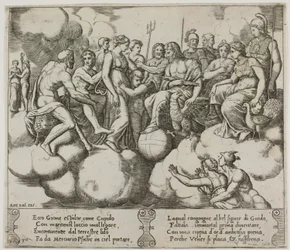 Venus en Cupido pleiten hun zaak in de aanwezigheid van Jupiter en andere goden