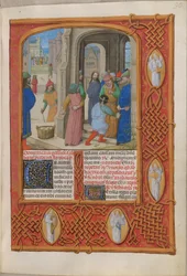 Temporale (1e deel: van Eerste Zondag van Advent tot Stille Zaterdag). De Joden dreigen Christus te stenigen voor godslastering in de Tempel van Salomo (Passiezondag). Rand met engelen. Twee kolommen tekst.