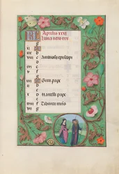 Getijdenboek van koningin Isabella de Katholieke, koningin van Spanje: Fol. 5r, april - Schildknaap en jonkvrouw