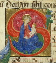 Manuscriptverlichting met de Maagd en Kind in een Initiaal S, uit een Antifonarium, midden 15e eeuw
