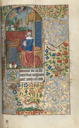 Getijdenboek (gebruik Rouen): fol. 80r, Opening boetepsalmen, David boetvaardig, in de verte David die Goliath doodt