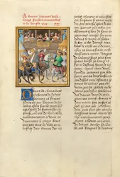 Jacques de Lalaing komt aan bij een steekspel met de graven van Maine en Saint Pol