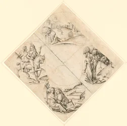 Ontwerp voor een Quatrefoil met een kasteel, twee geliefden, een meisje verleid door een dwaas, een paar zittend bij een trog en een ridder en zijn geliefde te paard