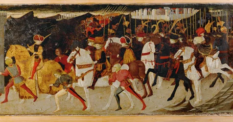 Groep cavaleristen te paard (tempera op hout)