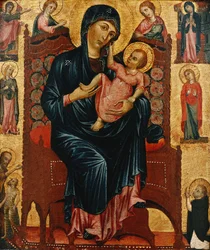 De Madonna en Christus op de troon met heiligen
