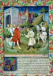 John van Mandeville (1300-1372) vertrok uit Engeland. Miniatuur in Het Boek der Wonderen van de Wereld Ms 2810. Folio 141. Manuscript verlucht door de Meester van Mazarine, geschreven door John (Jehan) van Mandeville (1300? -1372)