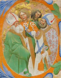Manuscriptverlichting met vier heiligen in een initiaal O, uit een koorboek, Italiaans