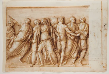 Folio 61, recto: de terugkeer van Meleager van een Romeins sarcofaag, Rome, Palazzo Barberini, ca. 1512-17 (pen en bruine inkt met bruine was)