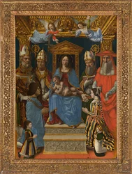 De tronende Madonna met Kind, kerkleraren en de familie van Ludovico de Moor