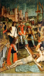 Christus aan het Kruis genageld met een Donor met zijn Arm in een Mitella gepresenteerd door een Priester