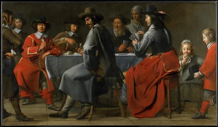 Verzameling gokkers met draailierspeler, c.1660