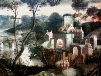 Christus met discipelen op weg naar Emmaüs


 (detail).
