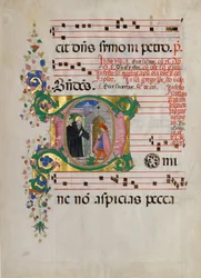 Manuscriptblad met Sint Benedictus die een jongen tot leven wekt in een initiaal D..., tweede helft 15e eeuw