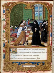 Margarita van Angoulême (1492-1549) koningin van Navarra presenteert haar boek aan de hertogin van Étampes en favoriet van François I Anne Pisseleu