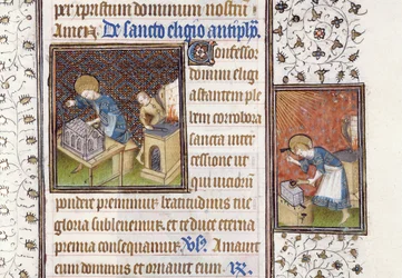 Ms 62 f.215r St. Eligius maakt een schrijn; St. Eligius bij een aambeeld, uit een getijdenboek
