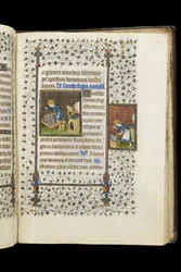 Ms 62 f.215r St. Eligius maakt een schrijn; St. Eligius bij een aambeeld, uit een Getijdenboek, ca. 1445-50 (perkament)